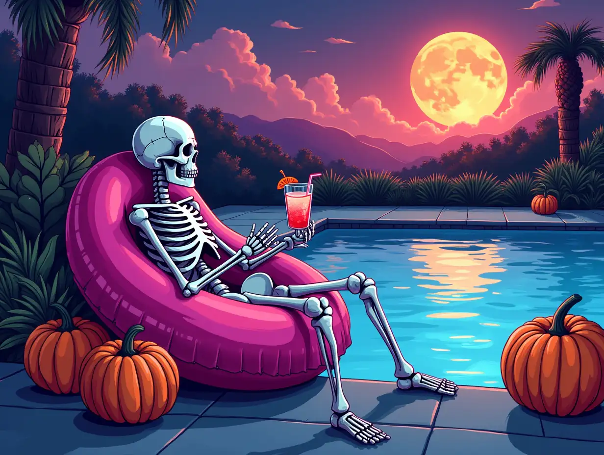 Vector illustration. A skeleton lounging in a pink inflatable chair, surrounded by pumpkins and a cocktail, with the text 'Just Waiting for Halloween' above it. Background on a blue water swimming pool with beautiful sky. neon