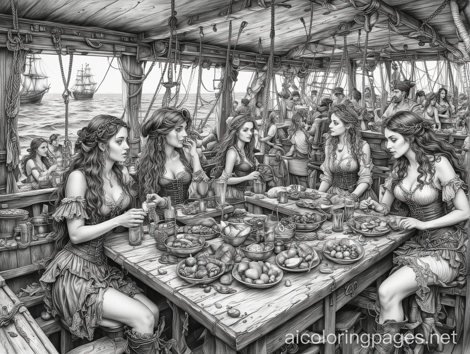 Pirates-Eating-with-Mermaids-on-a-Pirate-Ship-Coloring-Page