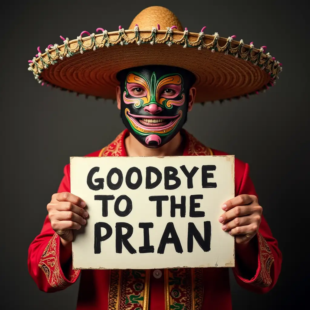 a Mexican masked wrestler with a sign saying goodbye to the prian