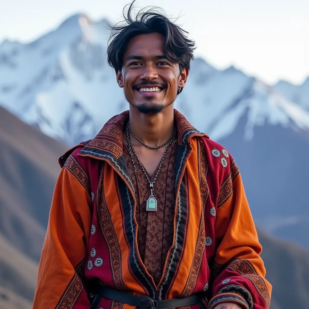 A portrait of Illari, a young tan-skinned Andean man with dark, slightly disheveled hair. He wears bright and vibrant traditional Andean clothing with intricate patterns. He stands, serene and strong, against a backdrop of snow-covered Andean mountains. His deep purple eyes are profound and thoughtful, reflecting his connection to his ancestors and his quest for knowledge. He holds a small amulet, a gift from the sacred condor that appeared in his dreams. The image shows his full body with a captivating smile, his body is strong and athletic, hinting at a shadow of a beard