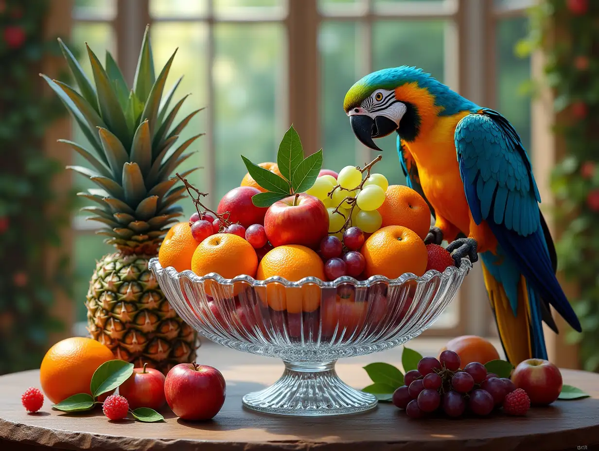 Ultradetailed hyperrealistic portrait of a crystal fruit bowl with grapes, pineapple, apples, oranges on the table and a parrot in the veranda with elaborate detailed, colorful