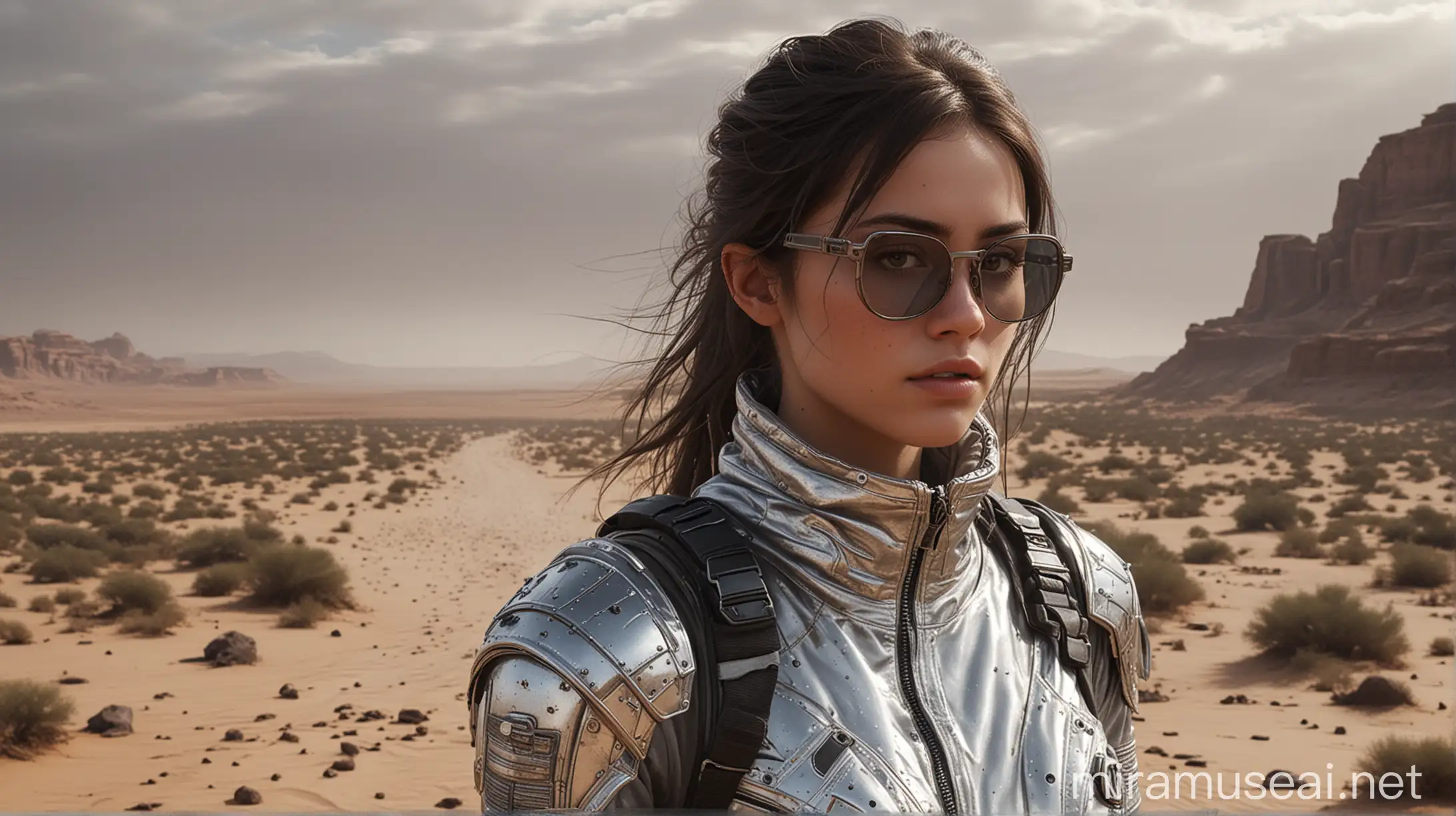 Mystical Horizon Young Woman in Silver Metallic Outfit on PostApocalyptic Desert Alien World