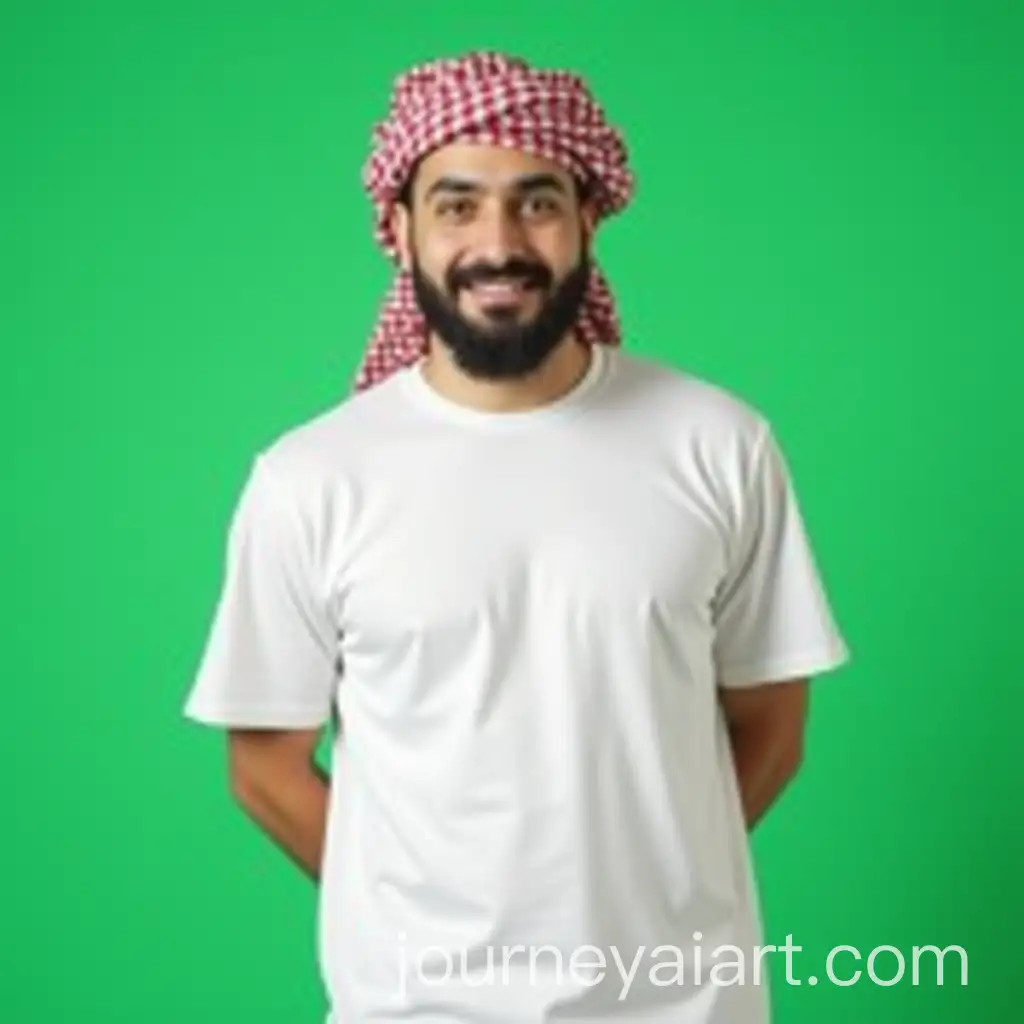 Man-Wearing-White-TShirt-Mockup-with-Keffiyah-and-Green-Screen-Background