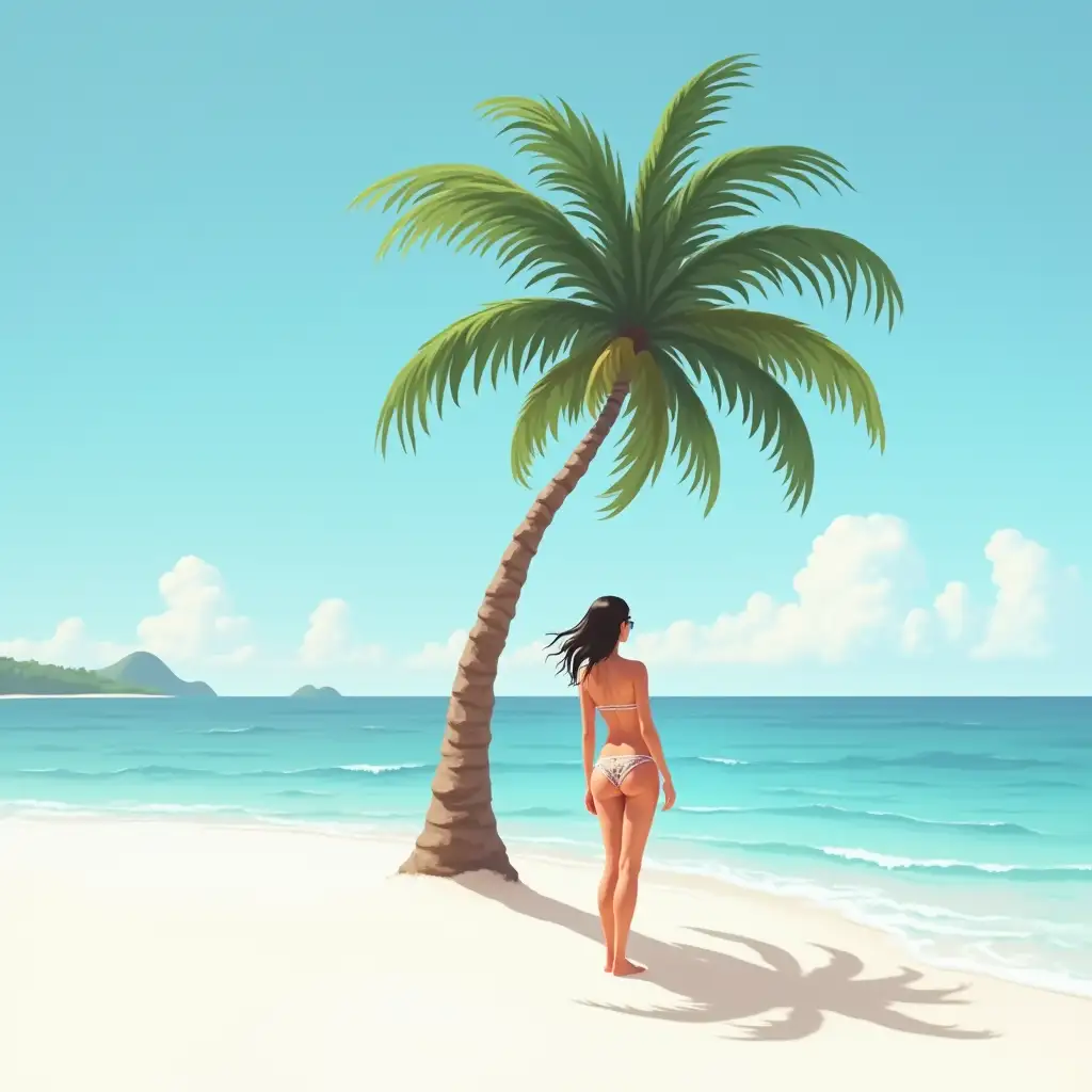 beach with white sand and 1 palm tree with young woman in bikini on beach