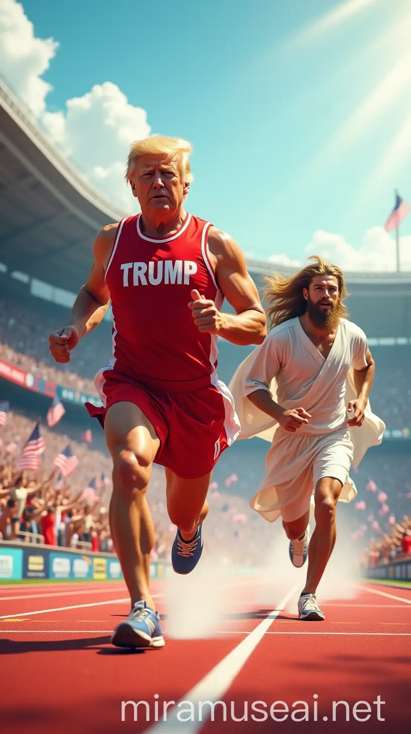 A dramatic and dynamic scene of a foot race between Jesus Christ and Donald Trump. Donald Trump is in the lead, wearing a bright red athlete's outfit with a bold 'TRUMP' logo on the chest, his face determined and sweating, golden hair blowing in the wind, muscular legs pumping as he sprints ahead. Jesus Christ follows closely behind, dressed in a flowing white tunic, his long hair and beard streaming as he runs with a serene yet focused expression, a faint halo glowing around his head. The background is a vibrant stadium filled with cheering crowds, American flags waving, and a clear blue sky with rays of sunlight breaking through. The style is hyper-realistic, with vivid colors, sharp details, and a sense of motion and intensity, inspired by epic sports illustrations.