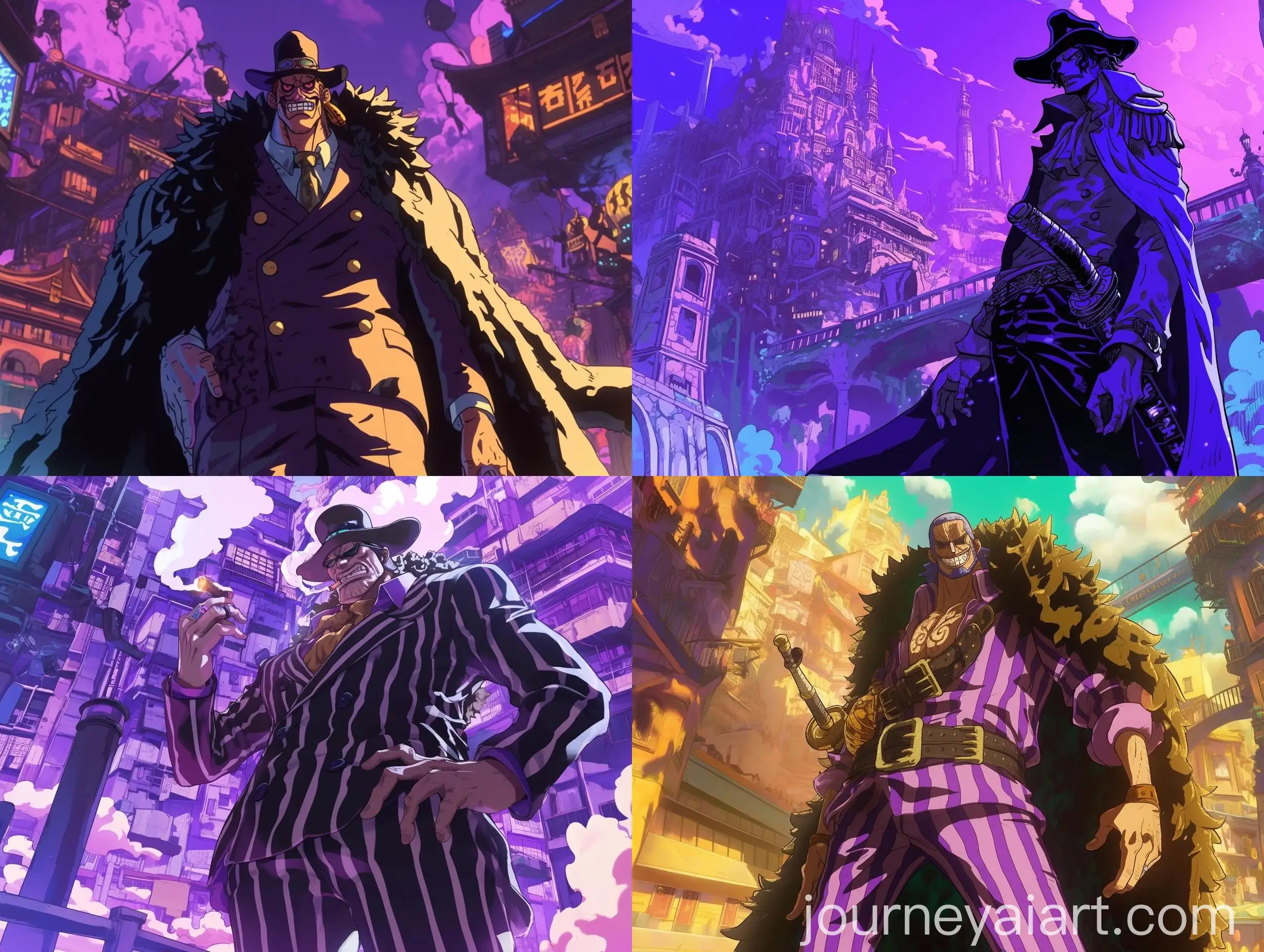 Stylized-Archipelago-of-Purple-Buildings-with-Power-Suit-One-Piece-Anime-Inspired