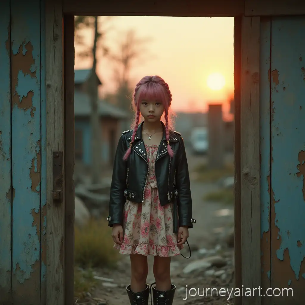 Postapocalyptic-girl-portrait20YearOld-Girl-in-PostApocalyptic-Floral-Dress-Stands-at-Doorway-of-Wooden-House