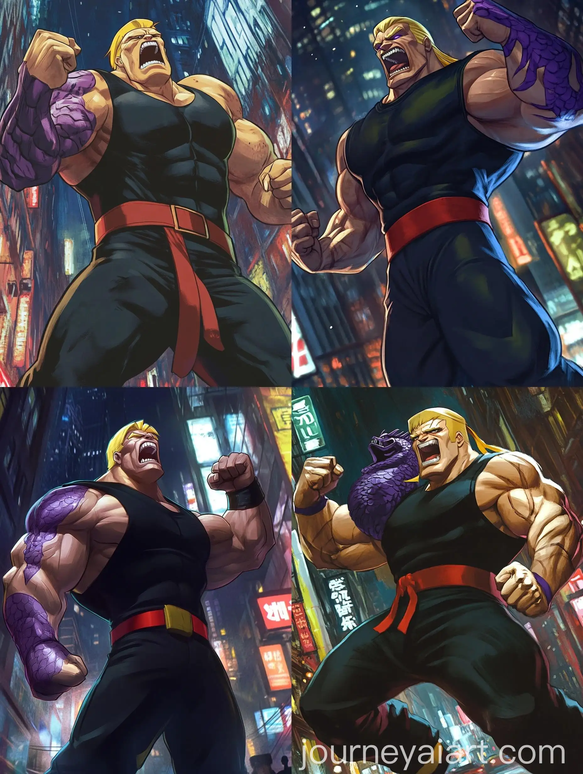 Muscular-Man-Shouting-with-Dragon-Tattoo-in-Nighttime-New-York