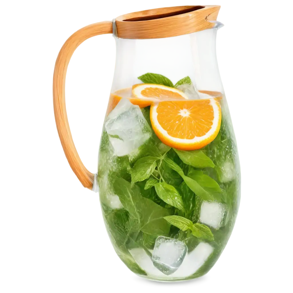 pitcher with a bamboo lid, filled half with water with slices of orange and lemon, mint leaves and ice