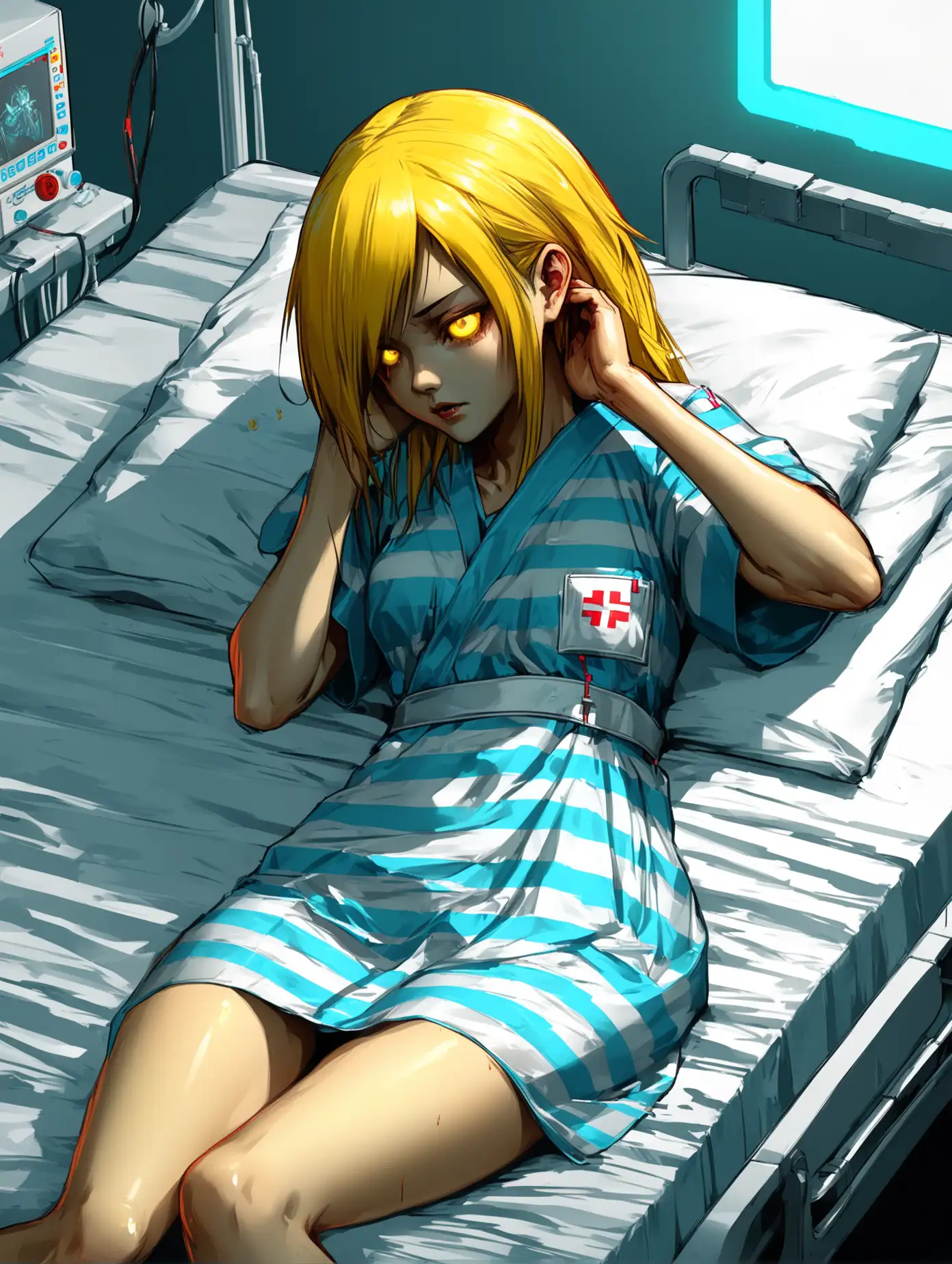 Anime-Girl-in-Striped-Hospital-Gown-Scratching-Head-on-Bed