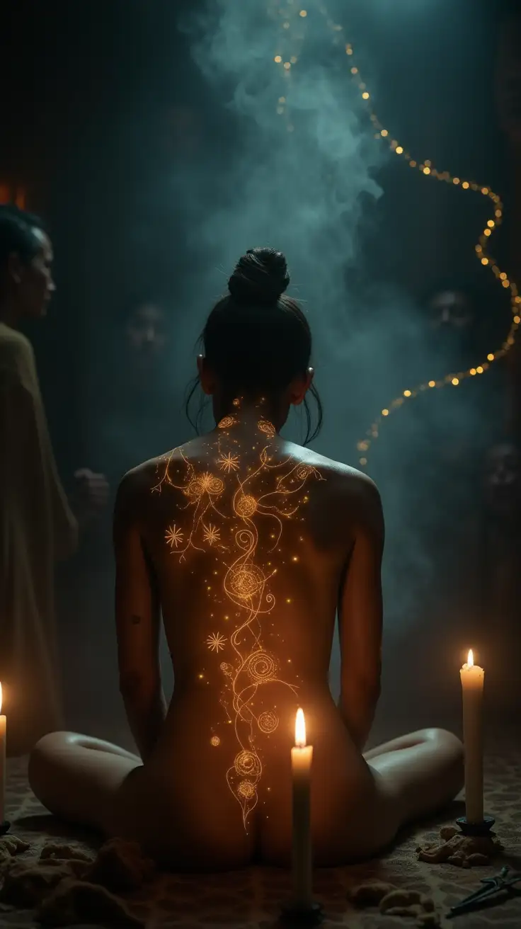 A mystical, ethereal scene showing a person seated in sacred stillness, receiving a ceremonial tattoo by candlelight. Their skin glows with faint symbols—spirals, serpents, ancestral markings—appearing to vibrate or shimmer as if alive. Subtle energy lines ripple outward from the tattooed area, connecting to faint silhouettes or faces of ancestors in the background. A golden thread or wave of energy links the tattoo to the unseen past, creating a feeling of morphic resonance, memory, and ritual. The environment is dimly lit, with smoke or incense rising, sacred tools nearby, and the air charged with atmosphere—part temple, part dream. Style: cinematic, sacred, soft light, high detail, magical realism.