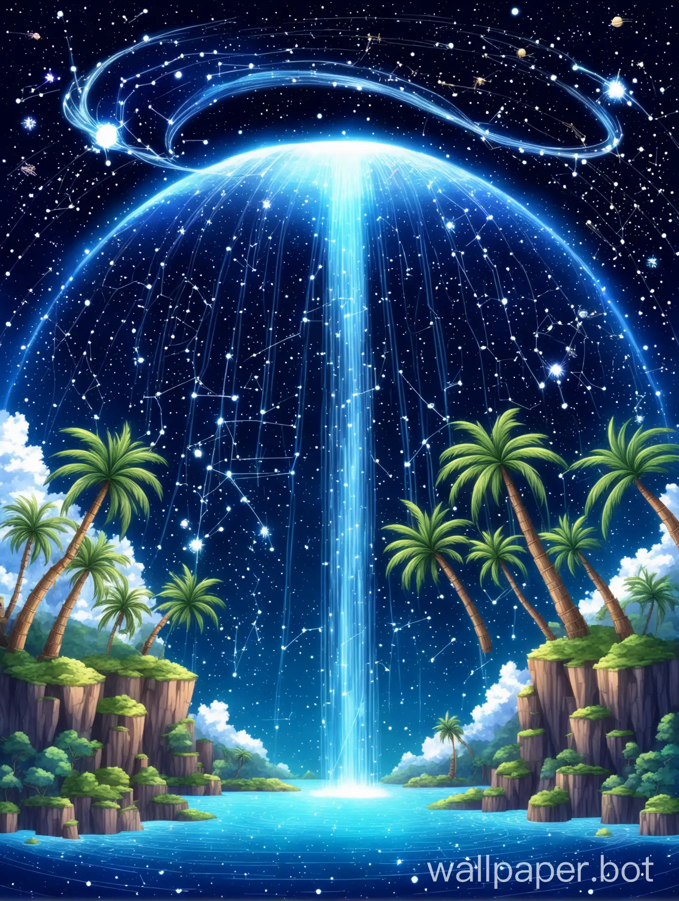 anime style background with floating islands that have palm trees and waterfall water flowing down off the island into outer space where you can see constellations in the background