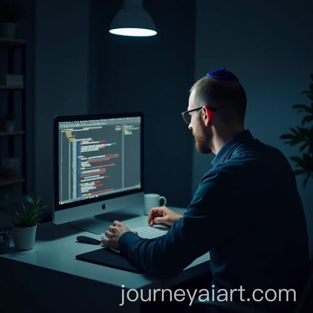 Chief-Information-Security-Officer-at-Work-with-Yarmulke-and-Running-Code-on-Screen