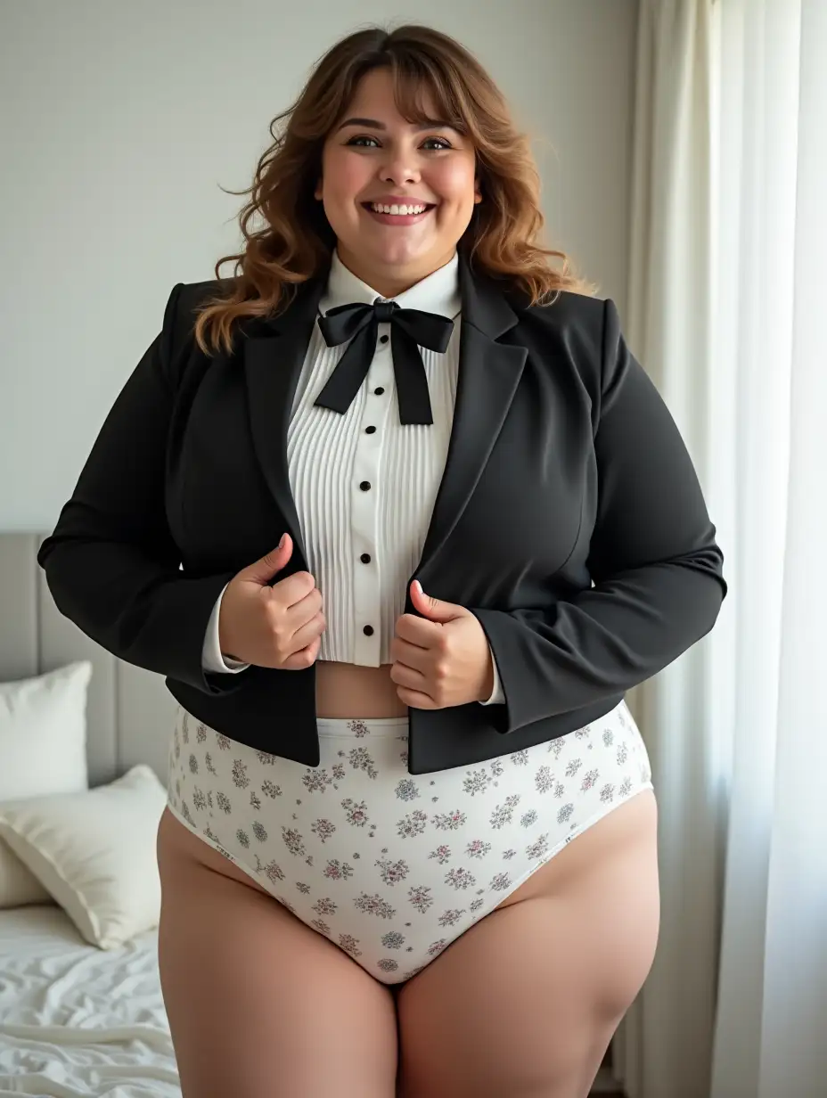 Caucasian-Woman-in-Formal-Orchestra-Tuxedo-Adjusting-Bow-Tie-in-White-Bedroom