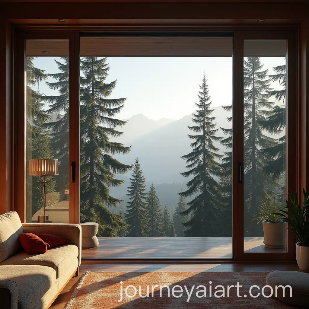 Luxury-Mountain-Home-Interior-with-Scenic-View-of-Tall-Pines-and-Misty-Mountains