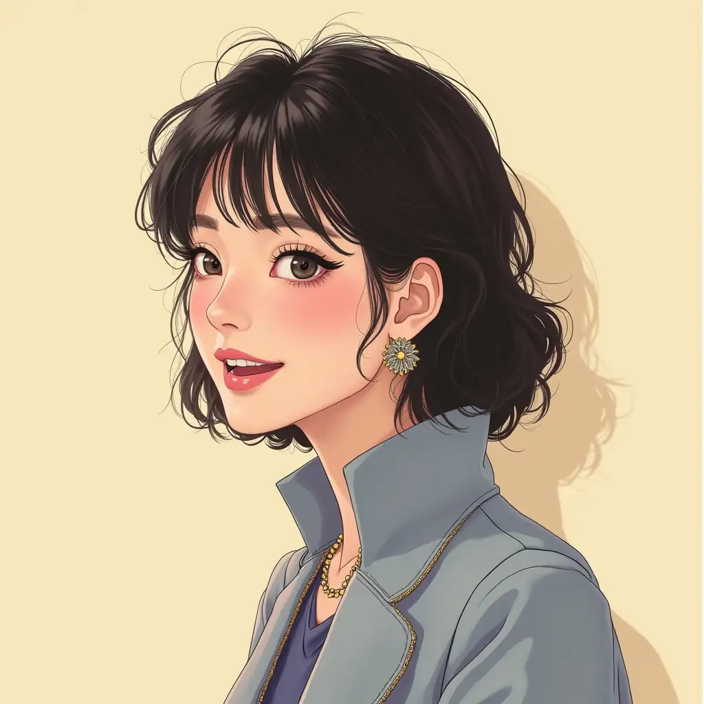 The CD jacket, features a portrait of a Japanese female singer in her late 20s or early 30s, embodying the spirit of city pop of the 1980s with a modern 2030s twist. She has a sophisticated, elegant look and a warm smile. Her style is reminiscent of artists such as Anri, EPO, and Taeko Onuki, but with a futuristic flair. The background is a plain color, reminiscent of a walk on a bright, sunny spring morning.