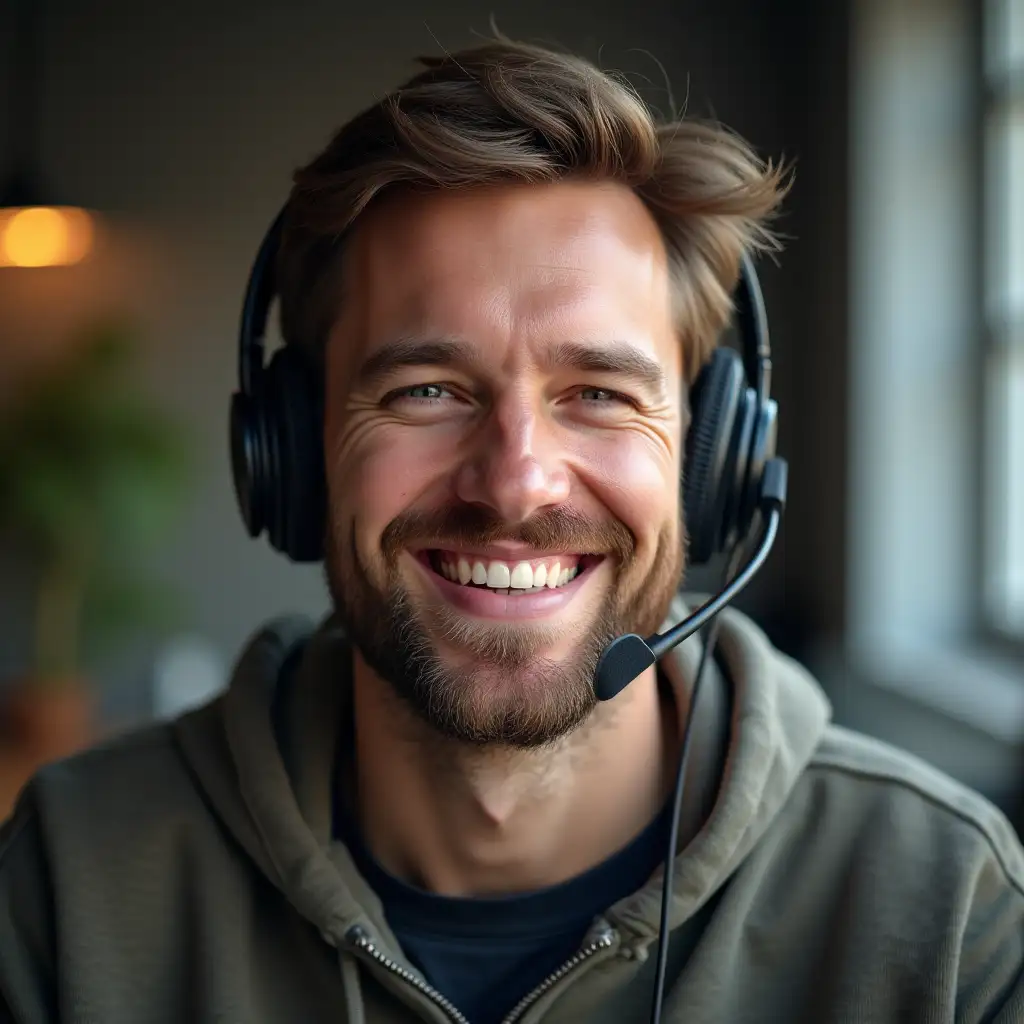 Smiling-English-Man-in-His-30s-Handling-a-Podcast-with-Headphones