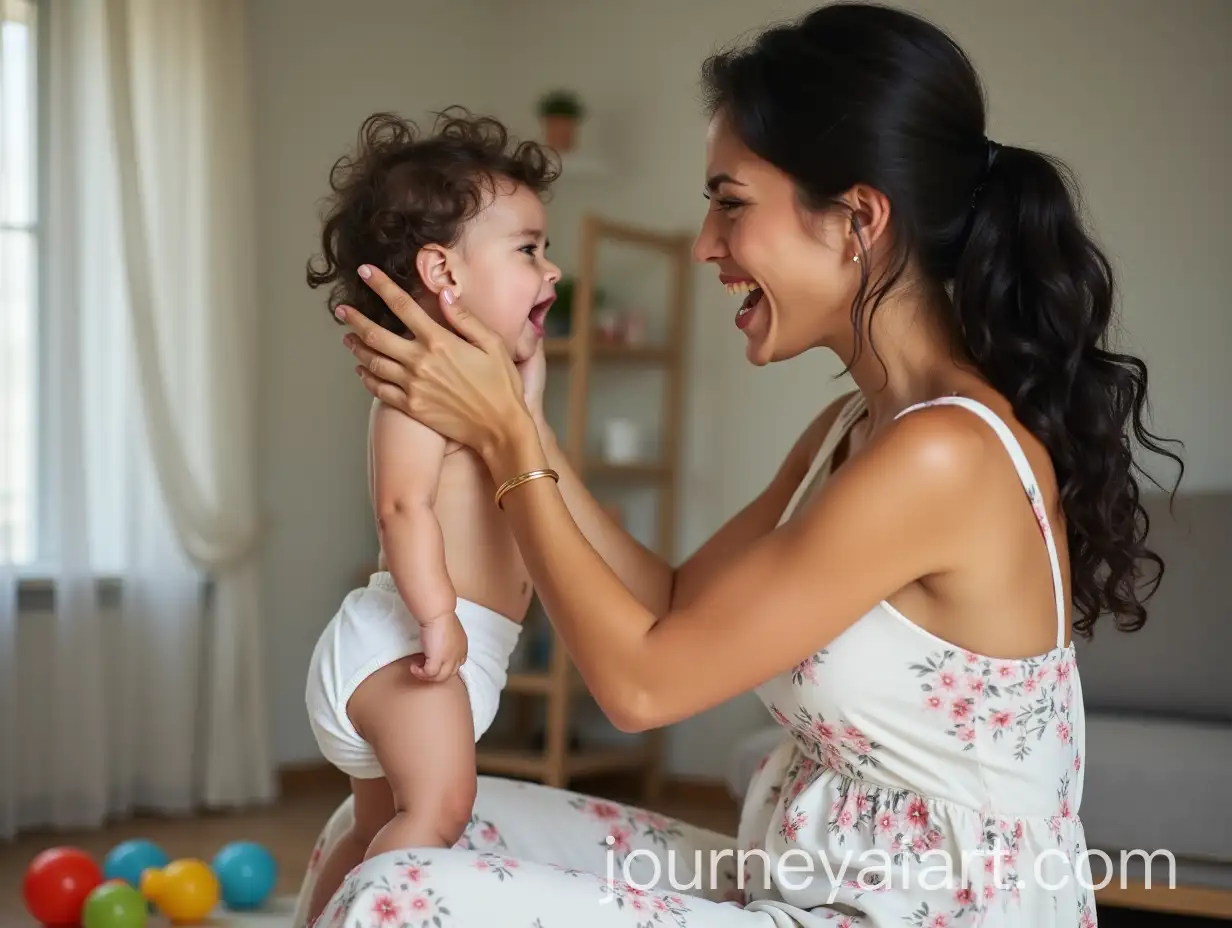 Persian-Mother-Picking-Up-Crying-Baby-in-Cozy-Living-Room