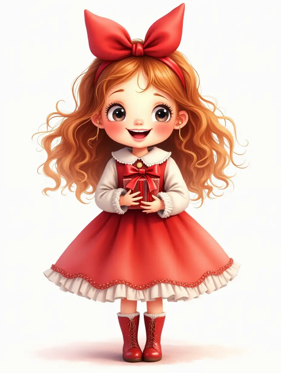 photorealistic airy realistic watercolor, photorealism, wide strokes, a gentle girl in full height of European DreamWorks appearance, reddish curls, drawing of eyelashes, playfully laughing, playful look, rosy cheeks, freckles, a big red bow on her head, dressed in a red fluffy oneairy dress with sequins. boots on feet.holding a beautiful gift with a red bow, complex full-length perspective, watercolor, ink, beautiful, 4k, high detail