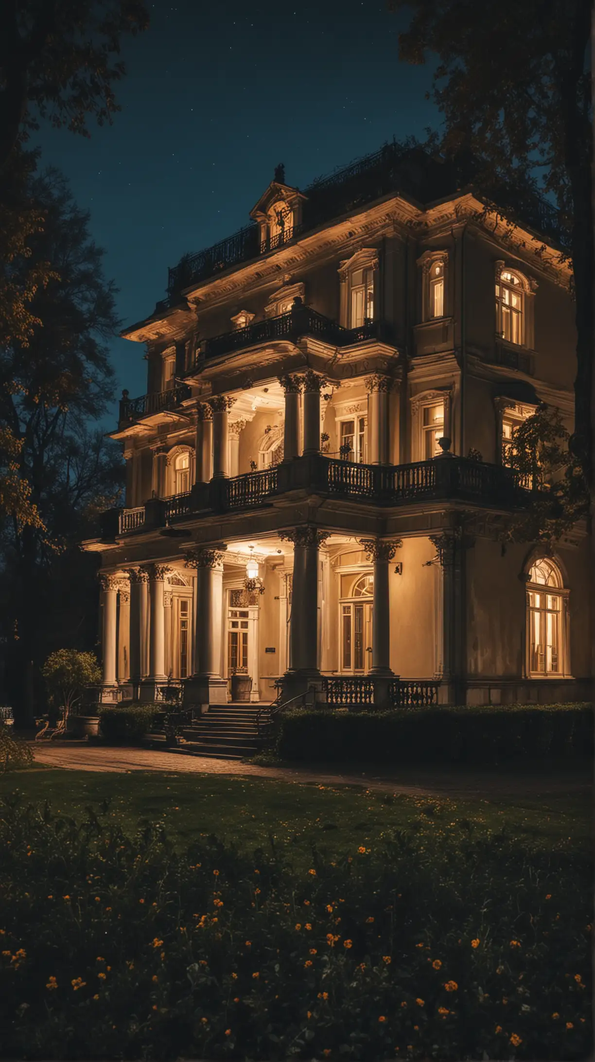 Majestic Old Villa Illuminated in City Park at Night