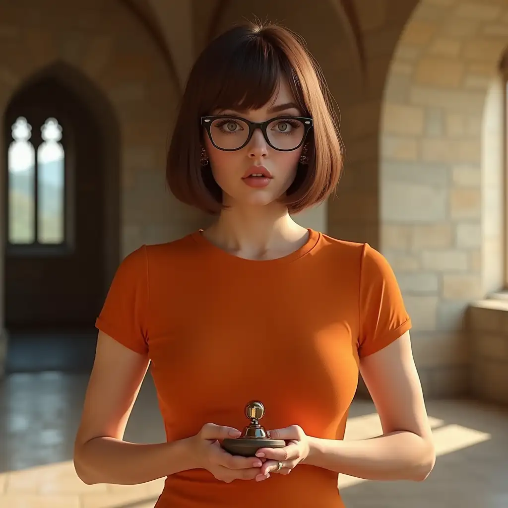 Velma Dinkley, a woman of around 25, stands in a wide, sunlit room of a castle. Her body weight is 154 pounds (70 kg). Her most striking feature is her intelligence, evident in her bright seductive eyes and thoughtful expression looking right in the camera. Real human being, realistic photo. She has a straight nose and a sleek, a straight brown bob cut, curved and slightly asymmetric, parted to one side. She is wearing glasses. The lower portion of her hair has an intriguing, almost sculpted asymmetry. Velma has a solid, full figure, and wears a simple orange t-shirt. F-Cup breast size. She stands in a relaxed, balancing her weight evenly. Soft, warm sunlight streams through a nearby window. She holds a small liter base with both hands, her fingers are closed holding the liter base it from below like she is presenting it to the viewer, her gaze direct and engaging as she looks towards the camera. The scene is captured with the clarity and detail of an Samsung S23 Ultra camera, with cinematic lighting, high brightness, and natural HDR, creating a high-definition, half-body photograph that emphasizes Velma's intriguing presence.