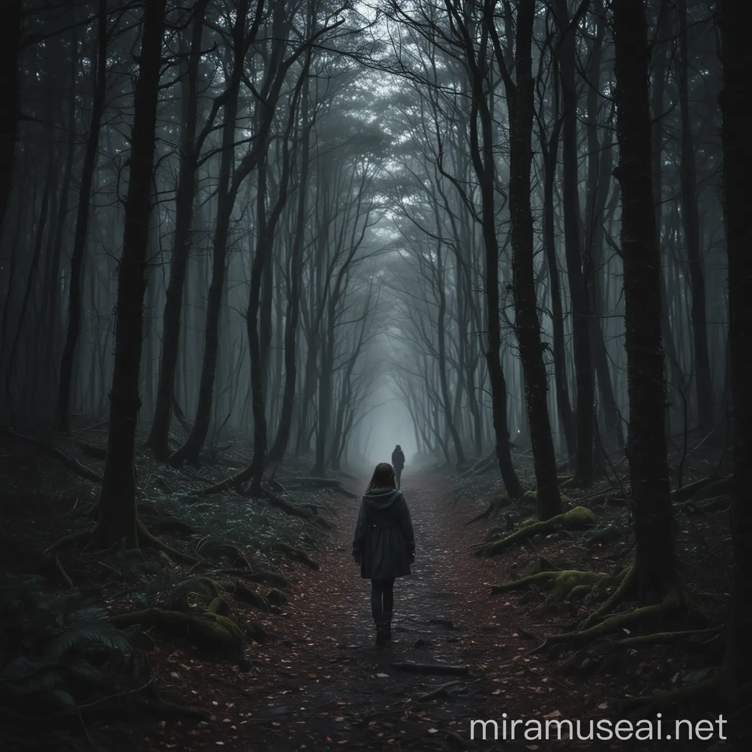 Young Girl Walking Alone in Mysterious Forest