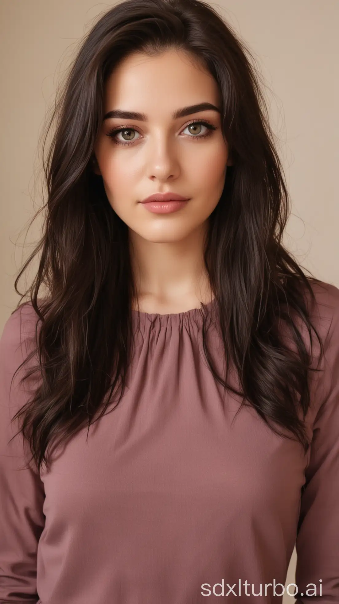 Young-Woman-with-Long-Dark-Hair-in-Various-Light-Pink-Blouses