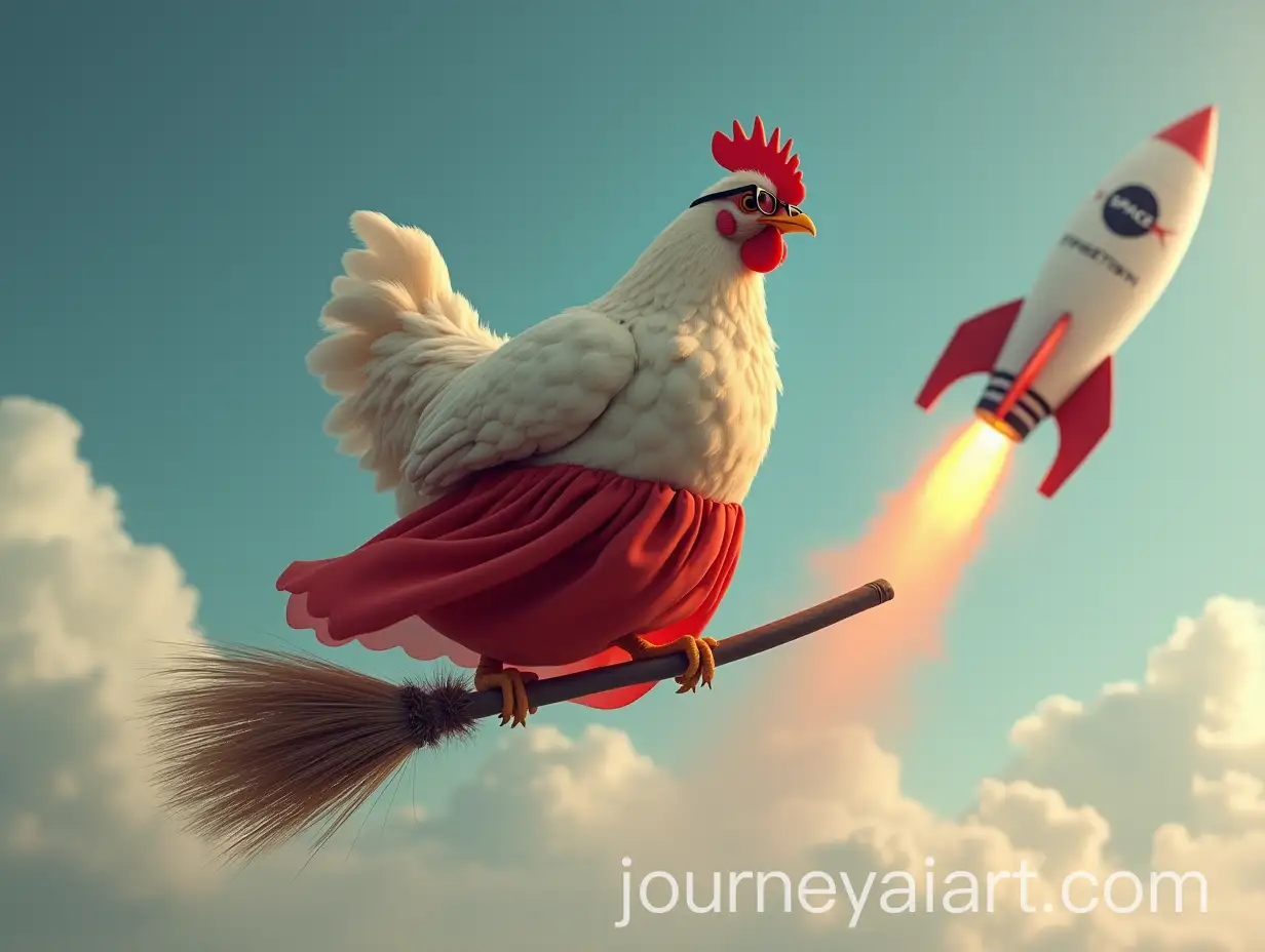 Chicken-in-Glasses-and-Red-Skirt-Riding-Broomstick-with-Rocket-Collision-in-Sky