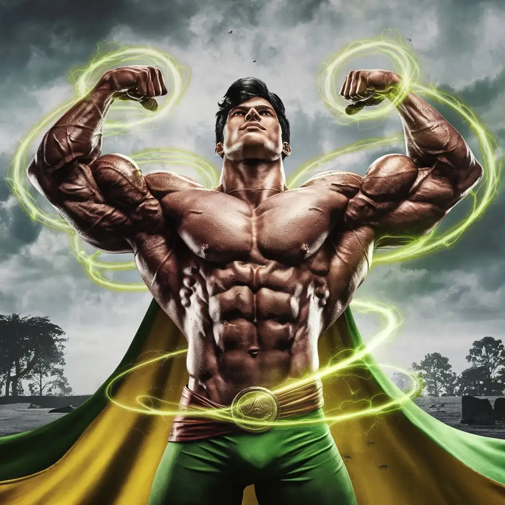 Powerfully muscled, hugely ripped, pumped, West Indian bodybuilder musclegod reverently receives kundalini powers, becomes a mighty superhero. 24 years old. Photorealistic.