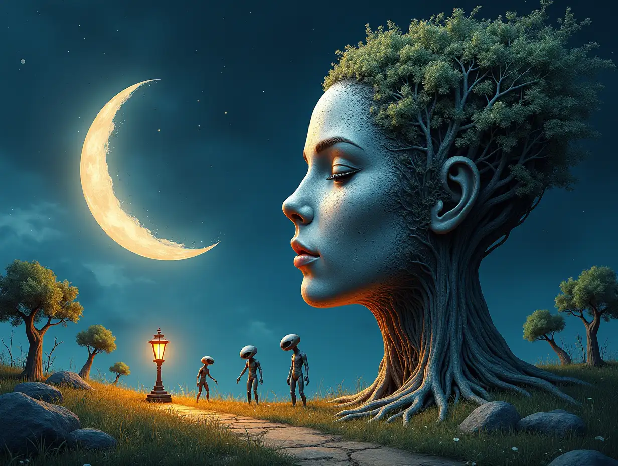 Creating a digital painting face with hair transformed into building with silver stone and  Illuminated trees with roots and lamp and alien creatures on a meadow crescent moon