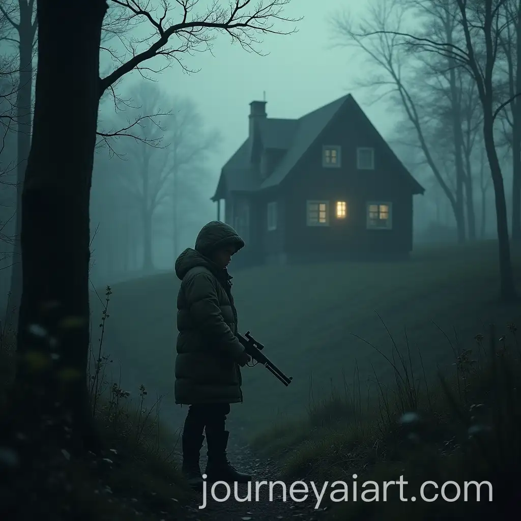Scary-Ghost-Boy-Holding-a-Gun-Near-a-Haunted-House-on-a-Hill-in-a-Forest