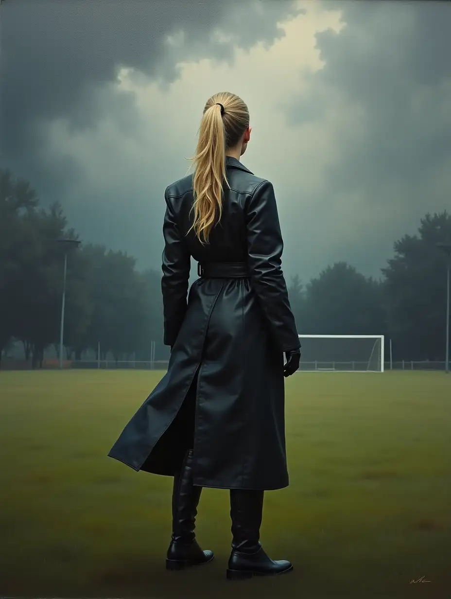 Oil painting, Angryand victorious looking 40 years old, woman blonde ponytail, wearing black long leather coat, black boots, standing alone middle of football field. Stormy weather.