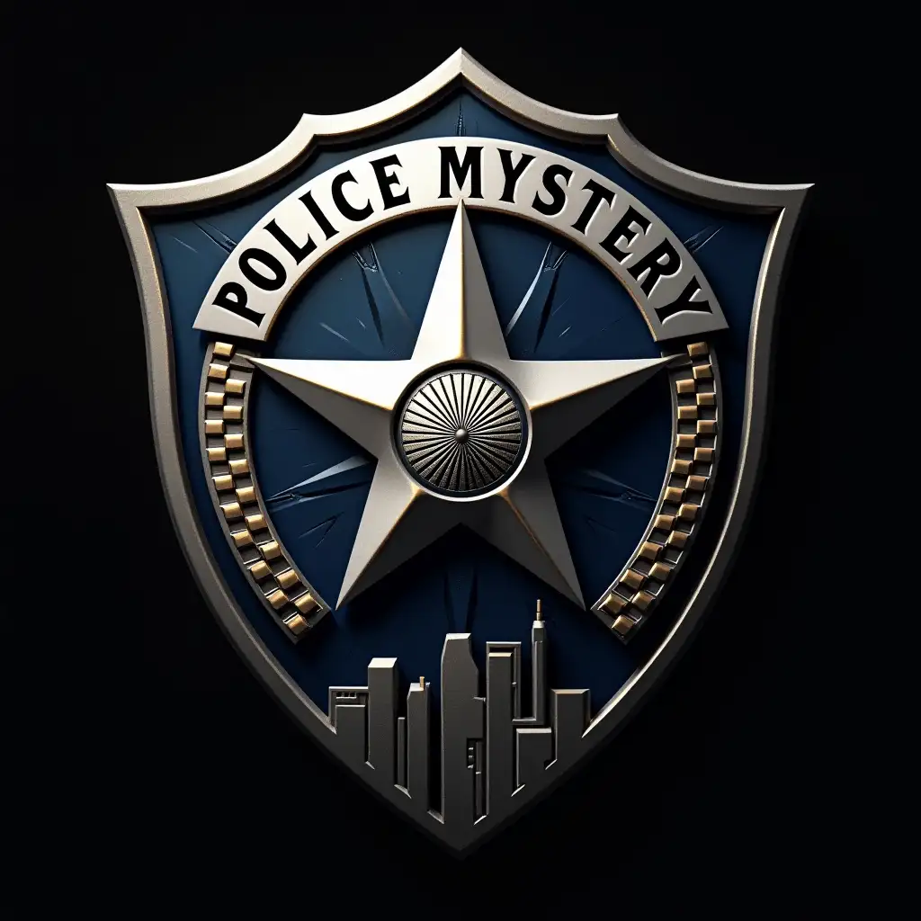 Design a professional police department logo (no text, weapons, animals, or magnifying glasses) using a classic shield shape with 3D depth, engraved metallic textures, and traditional motifs. Central Symbol: A bold, five-pointed star with a sunburst pattern radiating from its center (symbolizing vigilance). Inside the star: A micro-engraved grid texture (hinting at investigation) and vertical stripes (order/structure). Surrounding Details: A checkered border (nod to police 'Sillitoe tartan' tradition) wrapping the shield’s edge. A simplified city skyline at the shield’s base, rendered in sharp geometric shapes, with one building featuring faint horizontal cracks (subtle mystery element). Color Palette: Navy blue, polished silver, and gunmetal gray with gold accents on the star’s edges. Include: Realistic metallic gradients (mirror-finish shine), Deeply engraved lines for tactile depth, Dramatic chiaroscuro lighting (sharp shadows/highlights) to mimic a physical badge. Keep it authoritative and indistinguishable from a real police emblem—only the grid texture and cracked building hint at the murder mystery theme. color theme: dark blue and black.