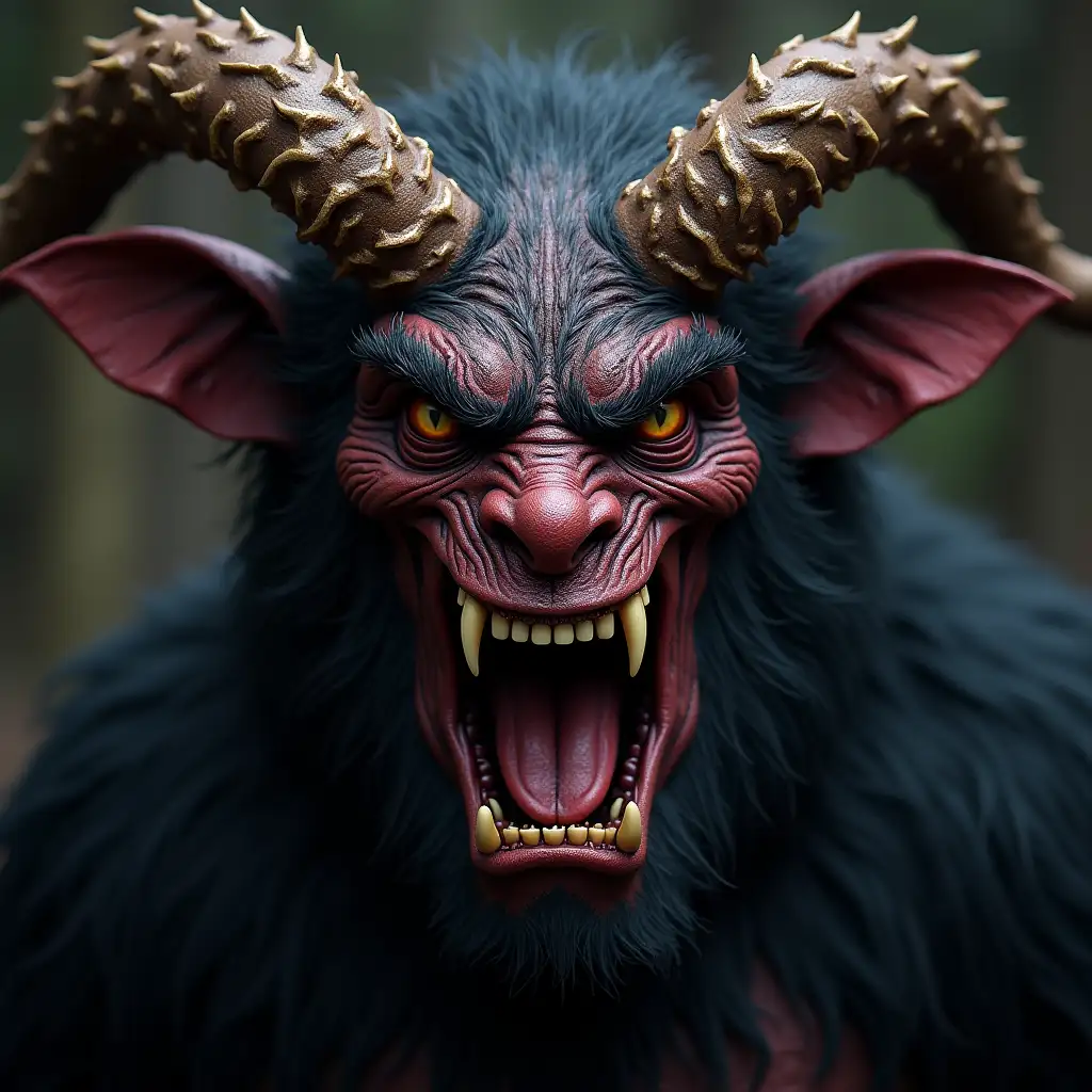 Generate a very, very realistic Krampus. Close up of the face.