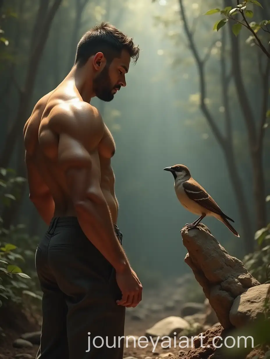 Muscular-Man-and-Sparrow-in-Natural-Setting-Powerful-Stance-and-Serene-Connection