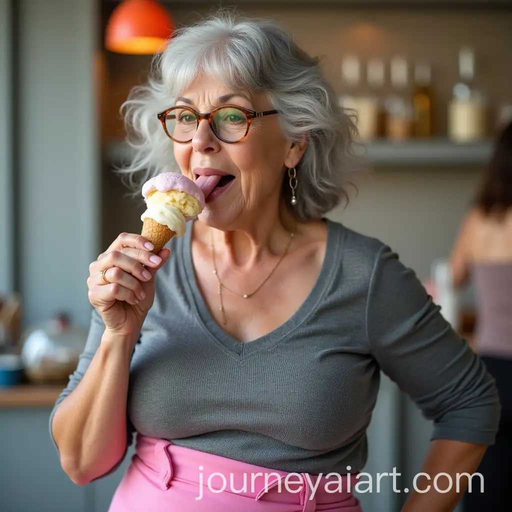 Elegant-60YearOld-Woman-with-Gray-Hair-and-Charismatic-Personality-Enjoying-Ice-Cream