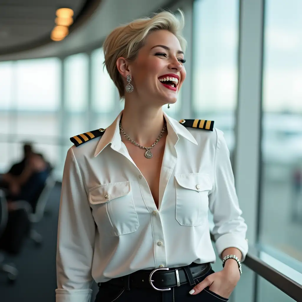 white norvegian curvy pilot lady, in white unbuttoned pilot shirt, laughing with her mouth open, red lipstick accentuating her smile,belt on waist, big wide hips, chest are fully grown, jewerly, short hair, HD, enjoying at airport , photo-realism