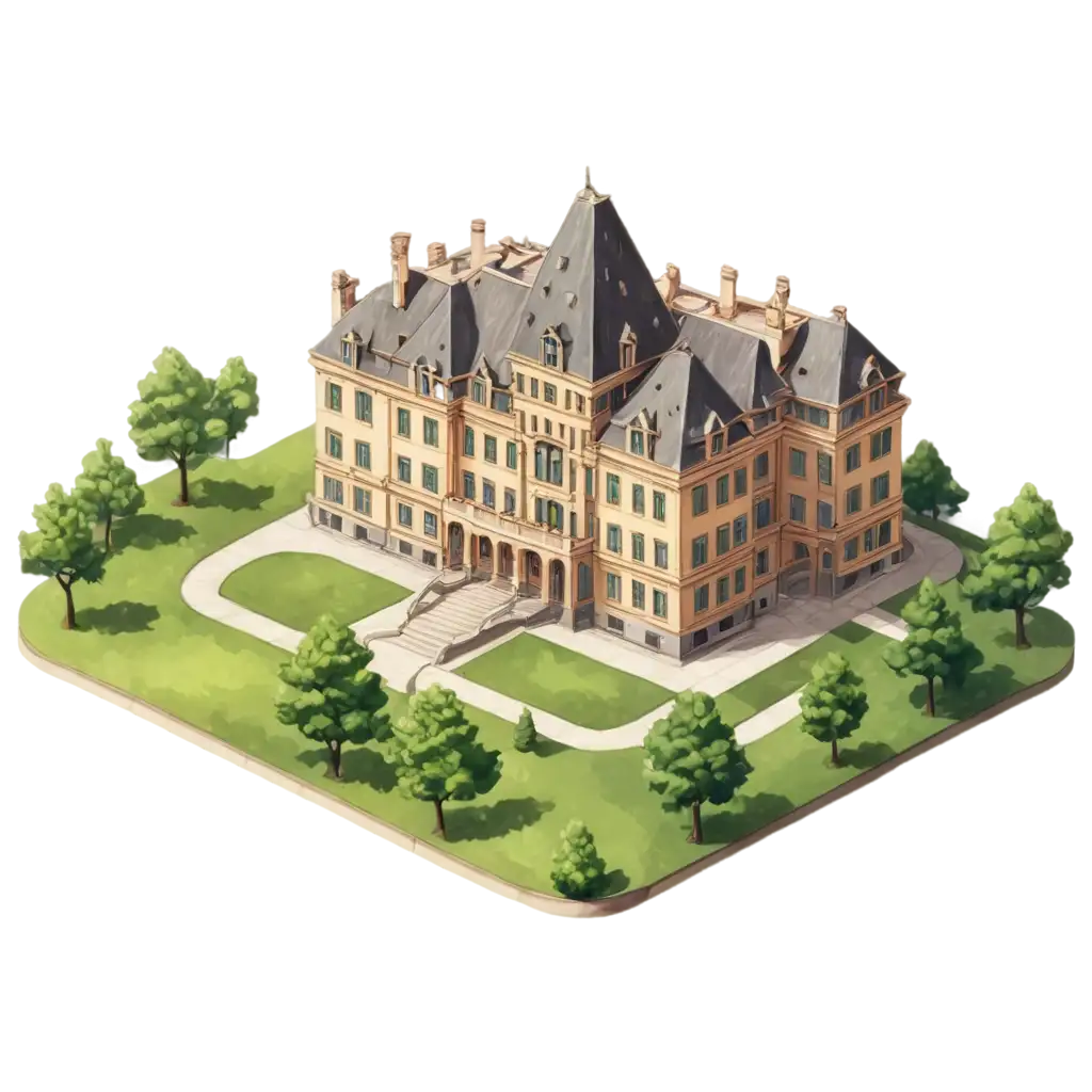 High-School-Stylized-Fantasy-Elegant-PNG-Image-Isometric-Baroque-Style-from-Exterior-View-Hand-Drawn