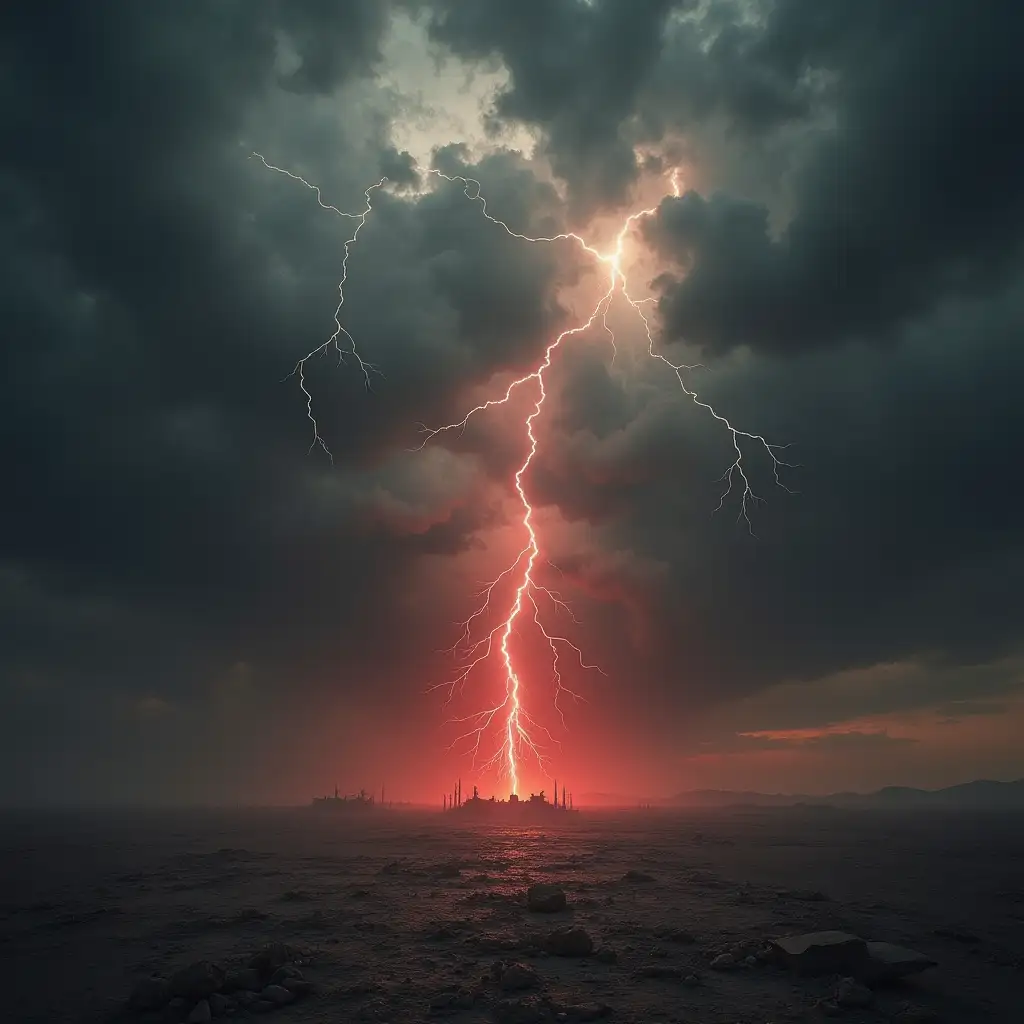 Create an image symbolizing divine punishment descending upon a nation. The sky should be dark and stormy, with ominous clouds and lightning bolts to signify the wrath of Allah. The ground below could show signs of destruction, such as cracked earth or fallen buildings. The overall atmosphere should evoke fear and awe, with shades of deep gray, black, and red, representing divine anger and consequences.