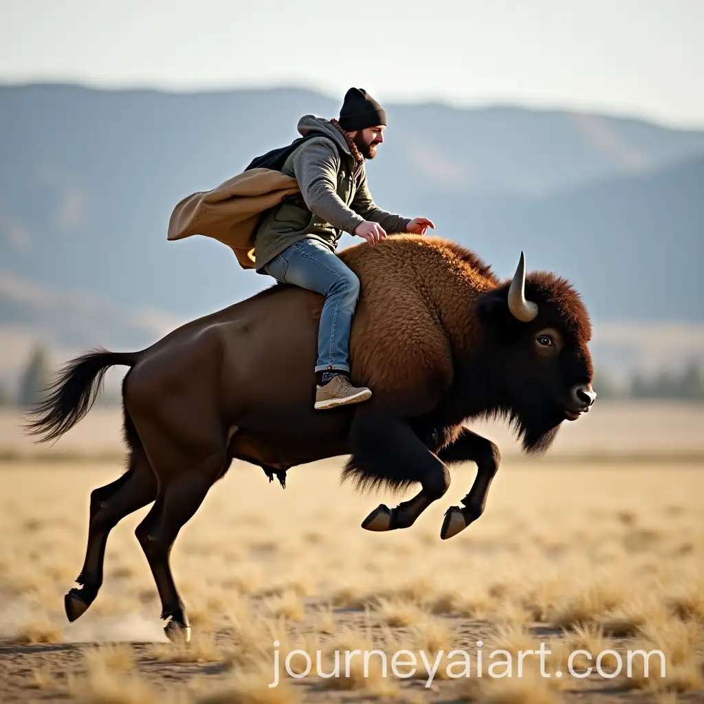 Man-Riding-a-Bison-in-Flight-Over-Vast-Landscape