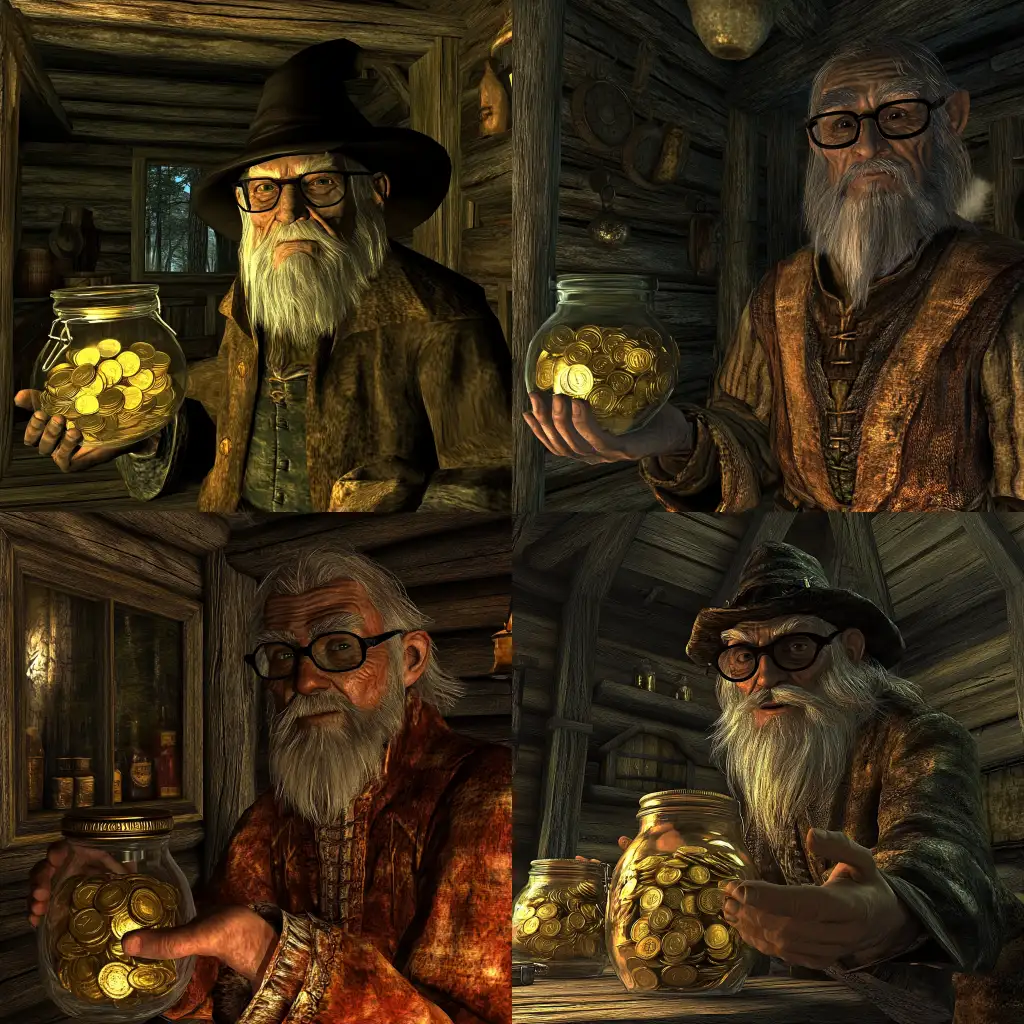 Old-Wizard-in-Wooden-Cabin-Holding-Jars-of-Gold-Coins-and-Empty-Jar-with-Y2K-Black-Sport-Glasses