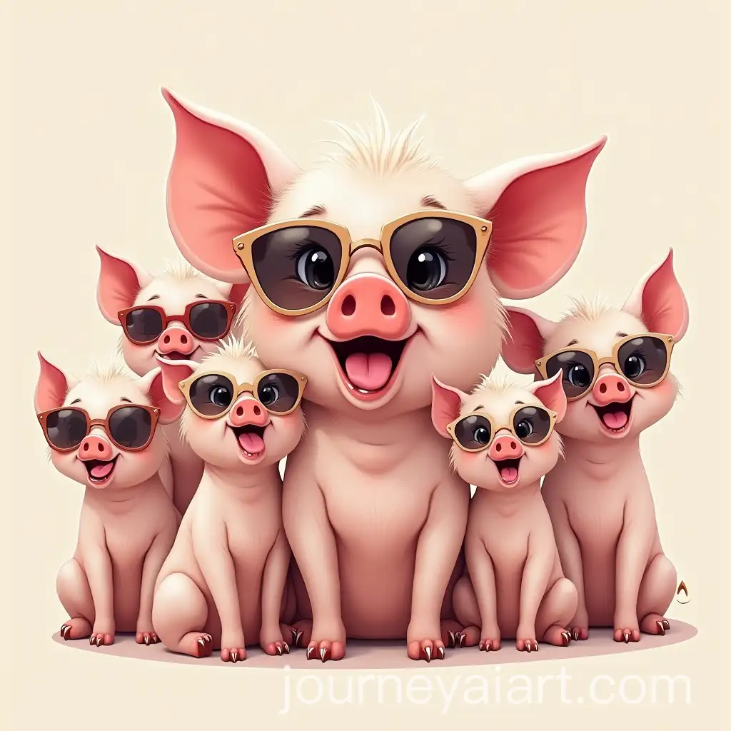 Caricature-of-Seven-Little-Pig-Girls-with-Tongues-Out-and-Colorful-Sunglasses