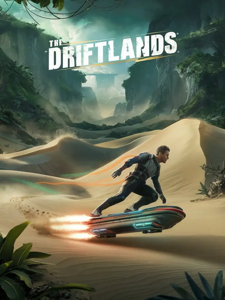 SciFi Action Shot Hoverboard Rider in Alien Desert Landscape