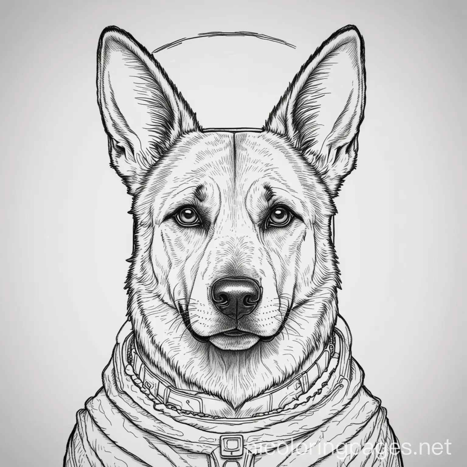 alien german shepard coloring page, Coloring Page, black and white, line art, white background, Simplicity, Ample White Space. The background of the coloring page is plain white to make it easy for young children to color within the lines. The outlines of all the subjects are easy to distinguish, making it simple for kids to color without too much difficulty