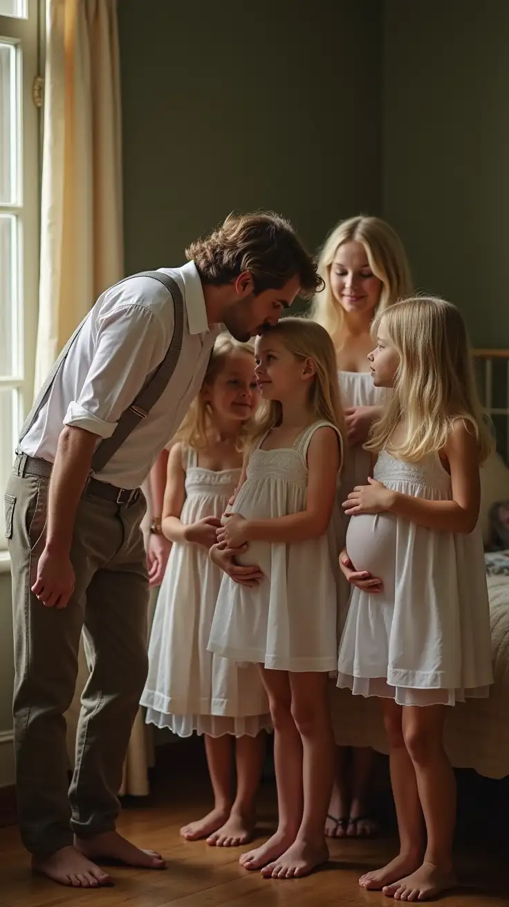 several petite young girls standing in a Victorian nursery waiting next to their beds for a kiss goodnight. each girl has long blond hair and is wearing a short sheer cotton nightgown with a low neckline covering a pregnant belly. each girl is holding an infant. a man wearing wool pants, white shirt and suspenders is kissing one of the girls on the forehead.