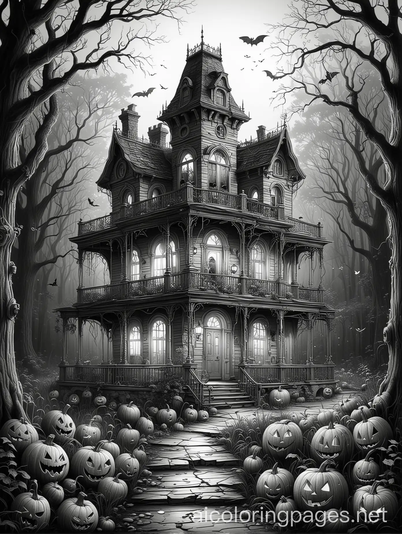 Abandoned-Mansion-in-Dark-Woods-with-Glowing-Jackolanterns-Coloring-Page