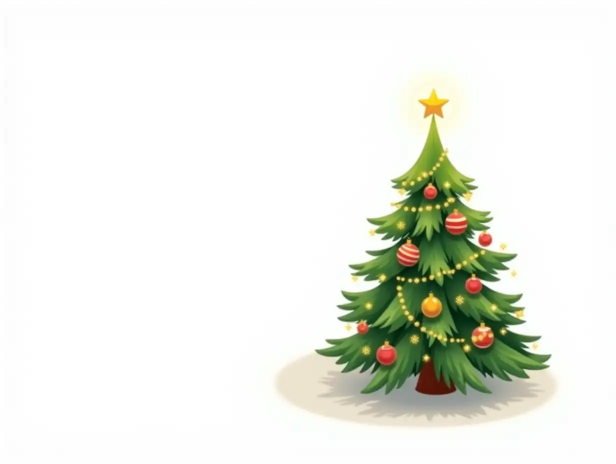 Create a detailed vector illustration of a beautifully decorated Christmas tree on a plain white background. The tree should feature vibrant green branches adorned with classic ornaments like red and gold baubles, sparkling tinsel, and twinkling fairy lights. Include a bright star or angel at the top and an elegant tree skirt at the base. The overall design should feel festive and balanced, suitable for use in holiday-themed designs.