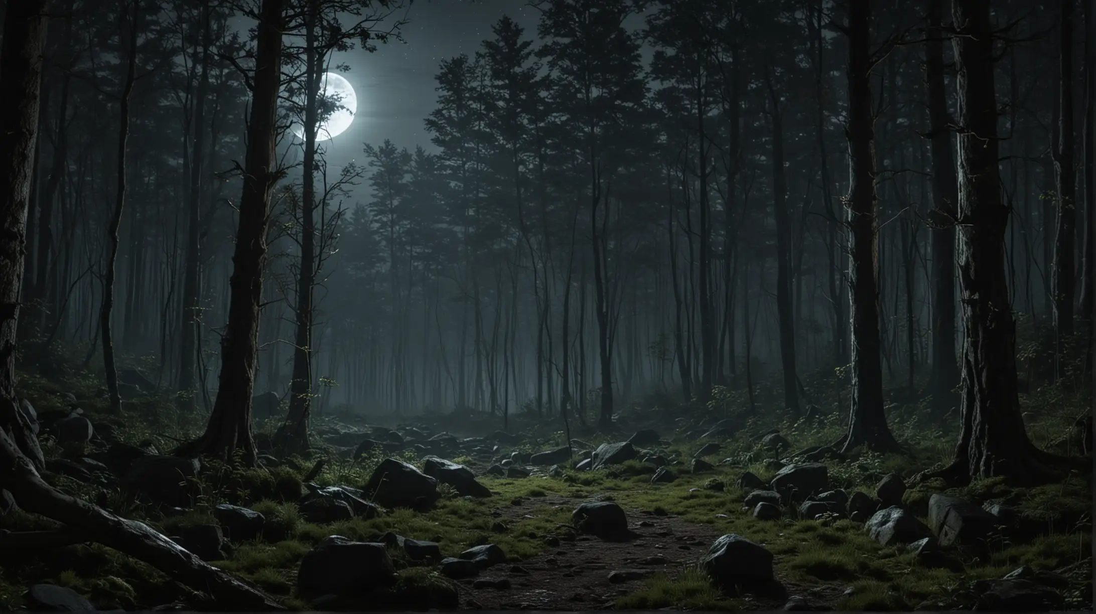 Nocturnal Forest Scene with Large Boulder