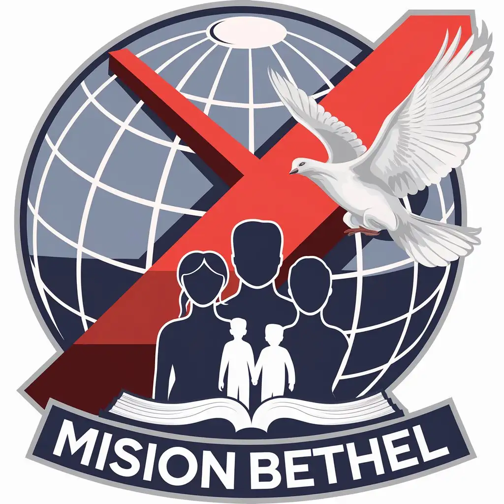 a vector logo design,with the text "MISION BETHEL", main symbol:World in vector, a diagonal red cross in perspective, a white dove with extended wings realistically, and in the foreground a silhouetted family in dark color that occupies the bottom of the torso up to above, and at the base of it all a bible, high resolution, 4K,Moderate,clear background