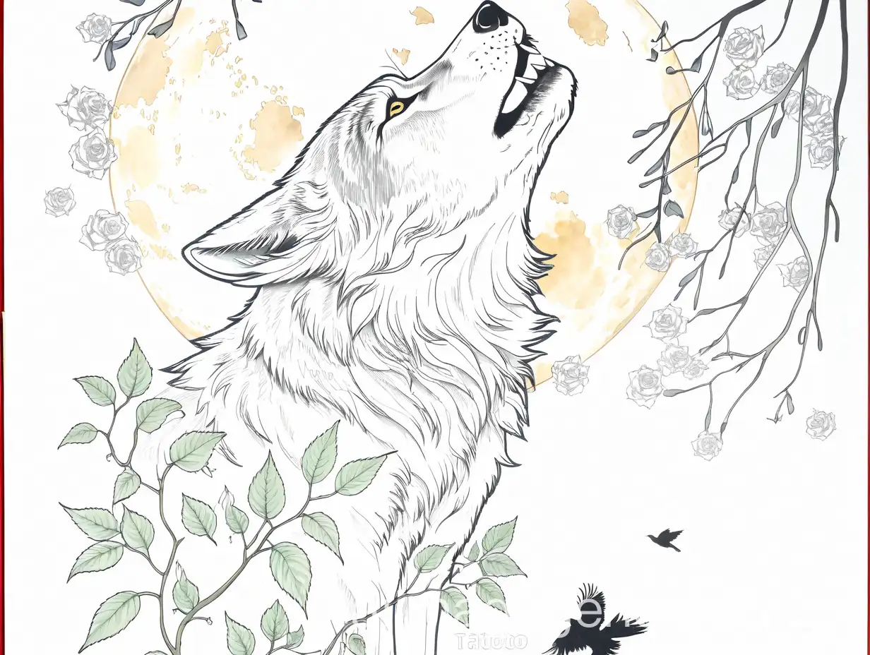 Realistic-Black-and-White-Tattoo-of-a-Wolf-with-Moon-Crow-and-Ivy